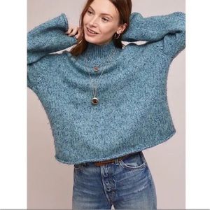Moth Anthropologie Blue Metallic Sparkle Knit Mock Turtleneck Cropped Sweater XS